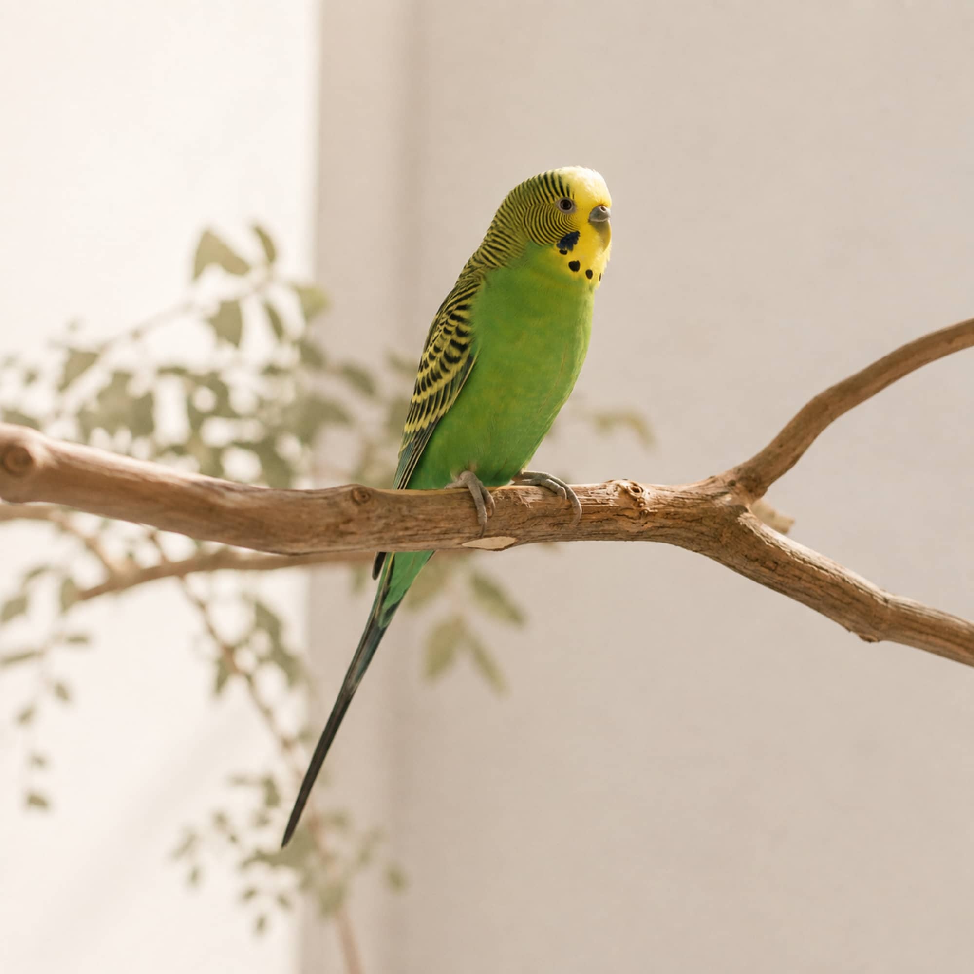 自然木の止まり木で顔を上げる緑色のセキセイインコ