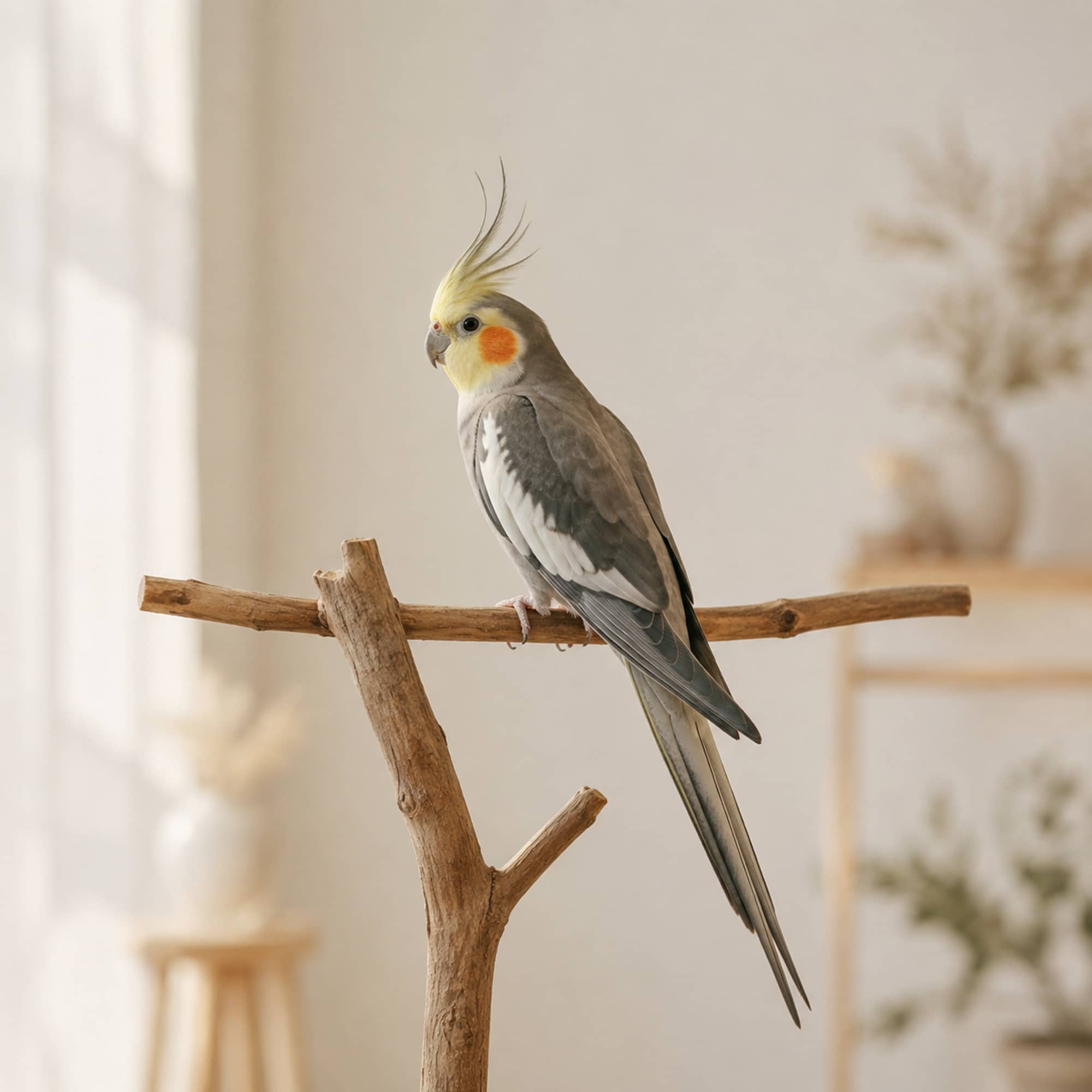 冠羽を軽く立てて左を向くオカメインコ