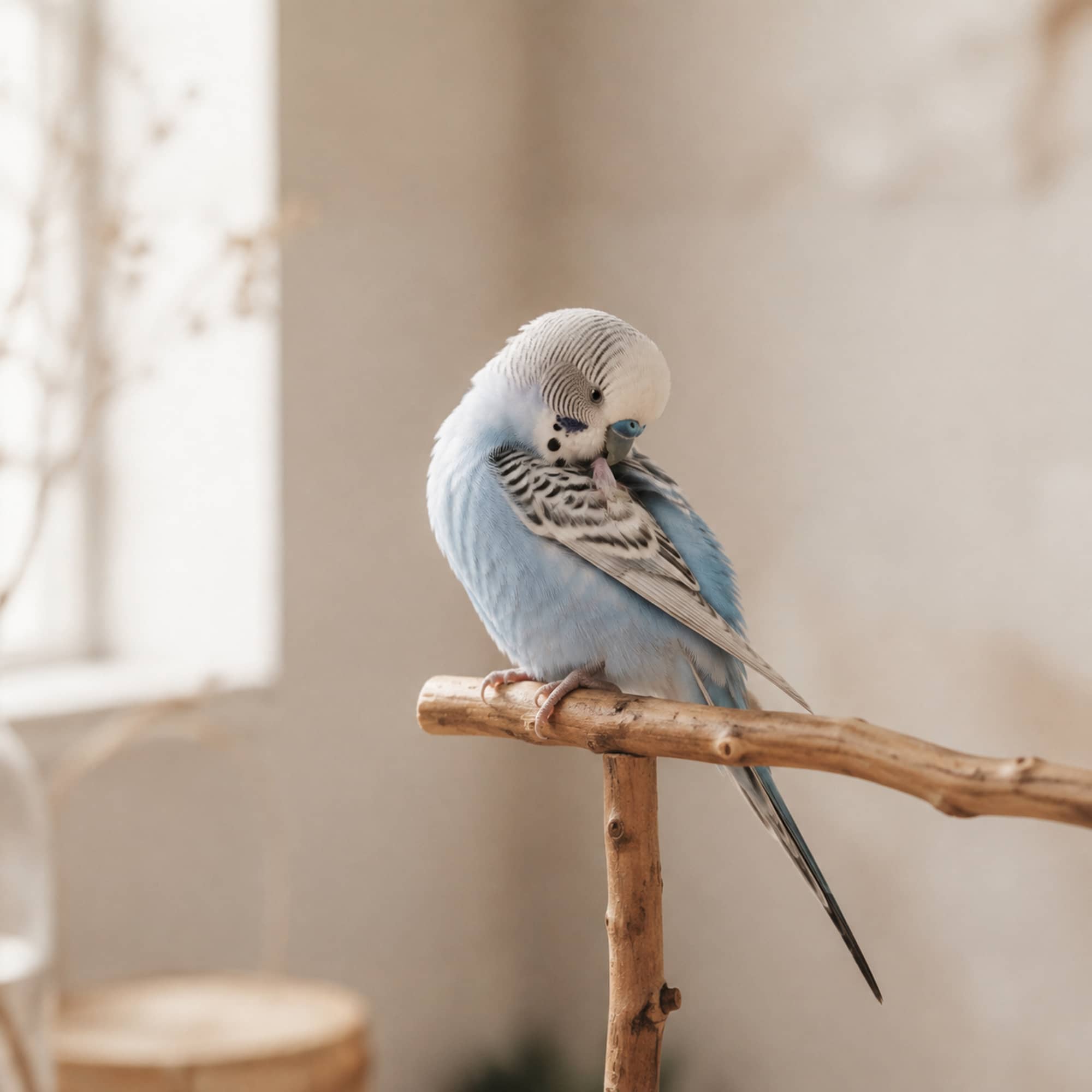 羽づくろいをする淡い青色のセキセイインコ