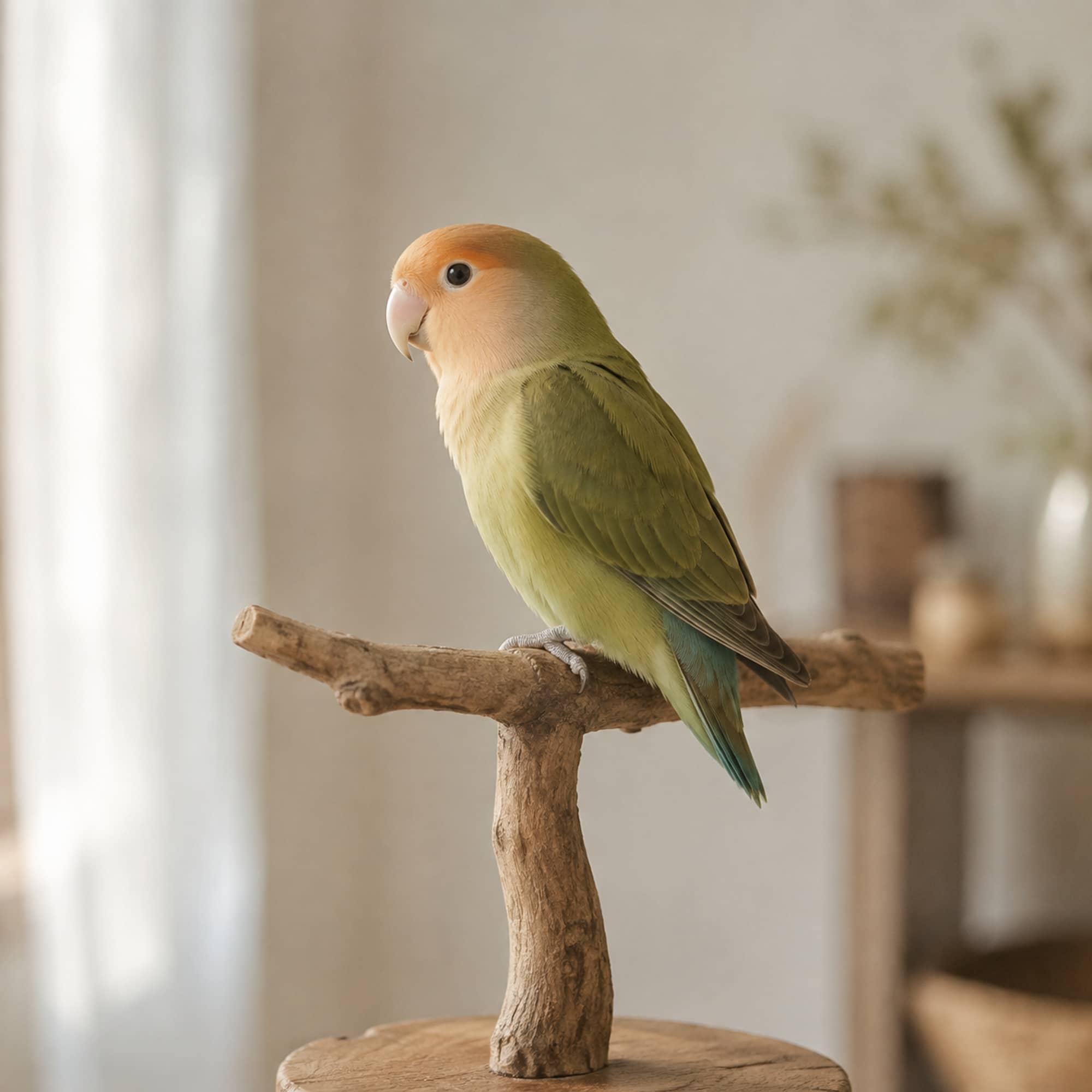 自然木の止まり木にとまるコザクラインコ