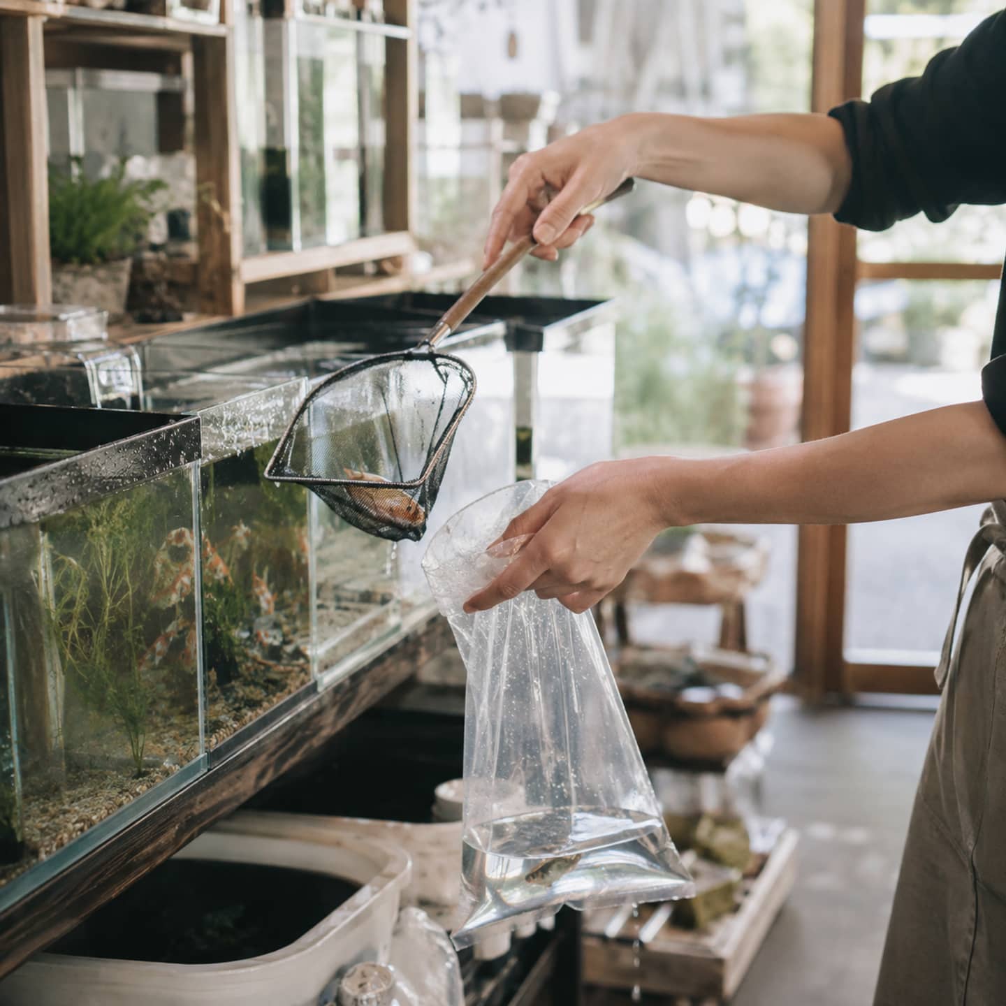 水槽の魚を網ですくい、透明な袋へ移す手元